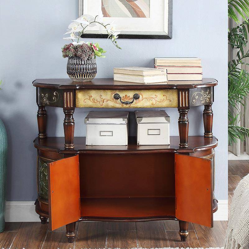 美式彩绘玄关柜靠墙餐边柜复古装饰储物柜玄关台走廊置物条案桌子