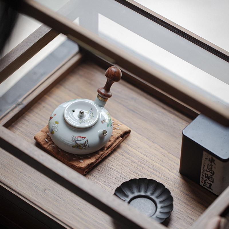 仿古陶瓷侧把壶文人器胡桃木手柄手执小品壶家用泡茶壶