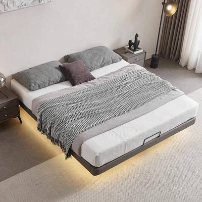 现代简约悬浮床无床头皮床实木床架意式极简无靠背双人床带感应灯