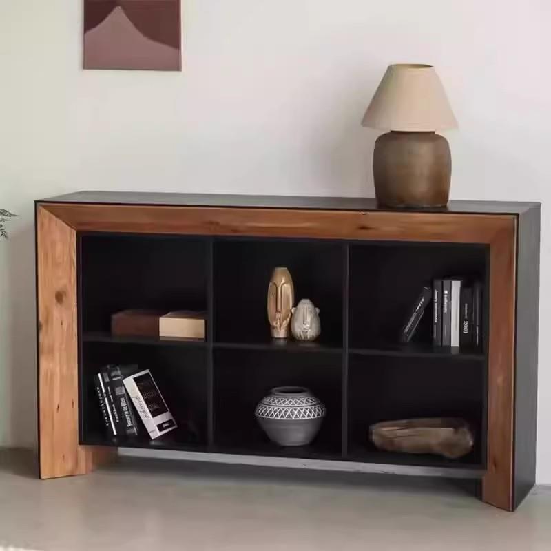 中古风黑色实木餐边柜复古做旧可视六格置物架客厅装饰玄关壁炉柜