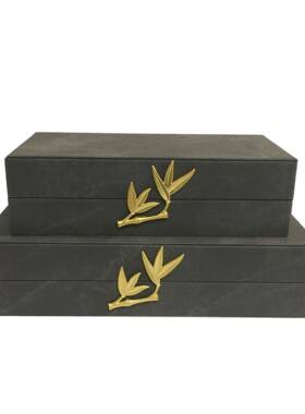 新中式极简风灰色晕染麻布竹叶五金首饰收纳盒（直发）