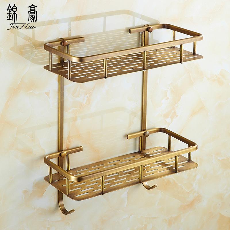 全铜仿古浴室矩形板篮欧式复古卫生间置物架纯铜长方形双层收纳架