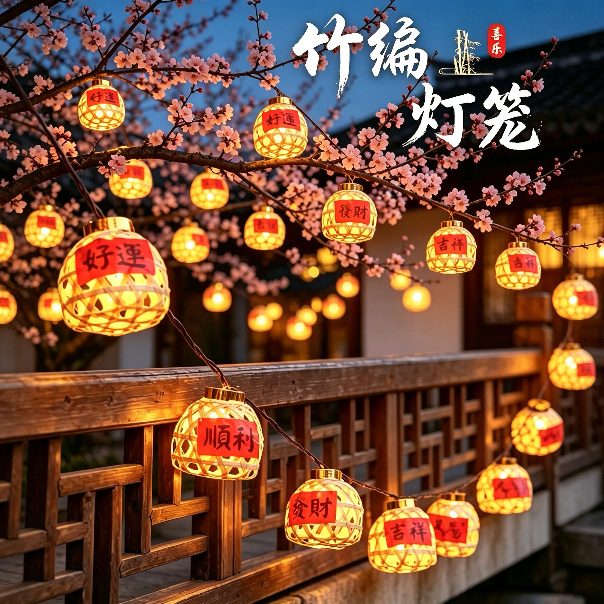 新款手工竹编灯笼彩灯串led春节装饰灯节庆灯笼户外中式庭院氛围