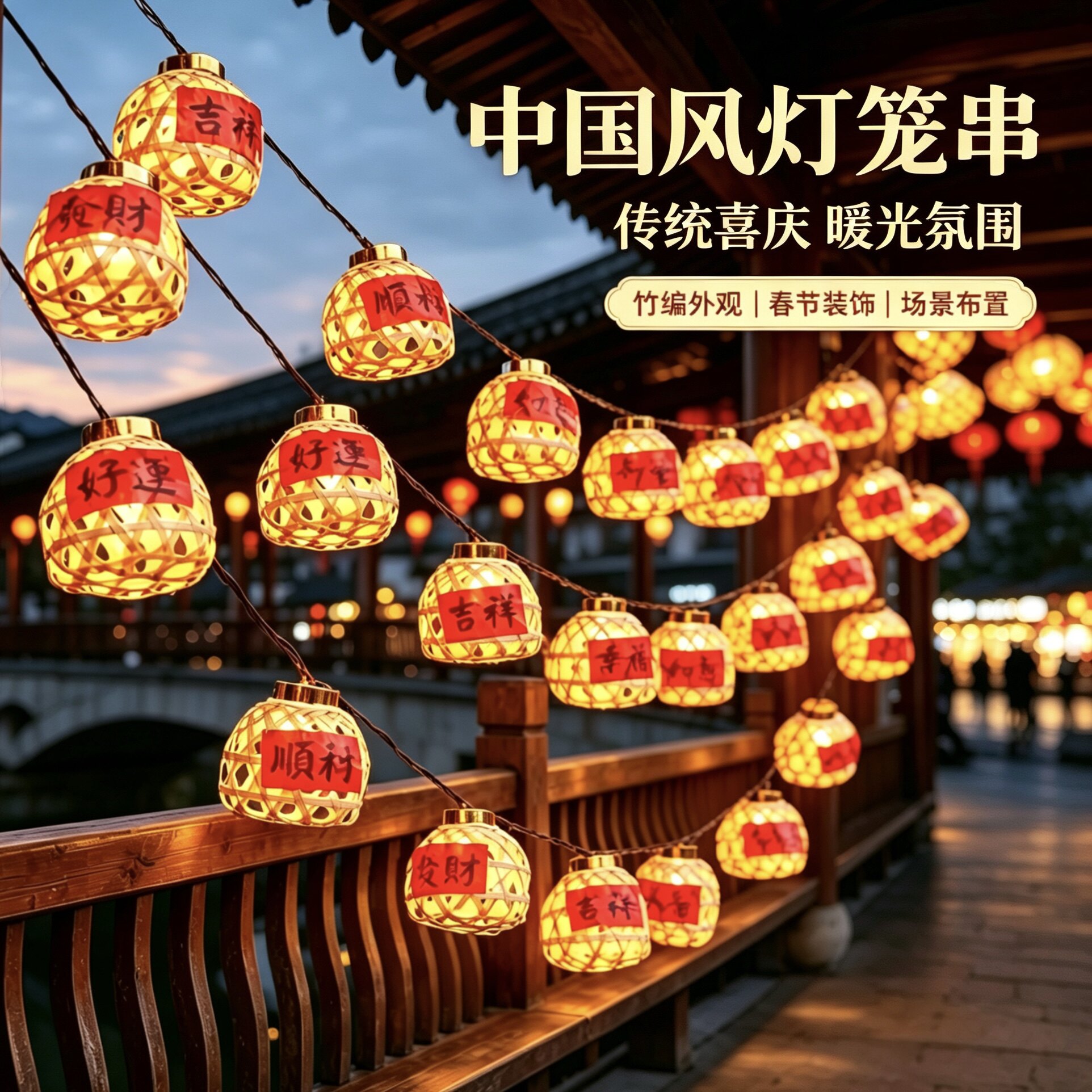 古风太阳能竹编灯笼彩灯串新年庭院装饰灯节庆灯笼户外挂氛围灯图片