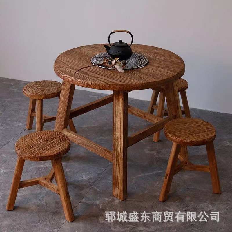 现货供应中式老榆木火锅桌家用圆形围炉煮茶桌火锅店烧烤店圆餐桌