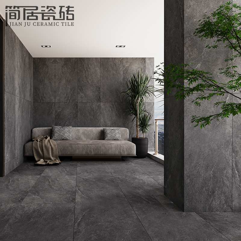深灰色凹凸仿石材纹理瓷砖 餐厅酒店连锁店防滑地砖墙砖600*1200