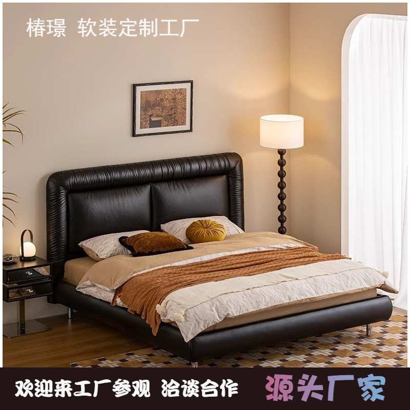 复古风软包黑色床主卧卧室双人床大气简约现代酒店民宿皮床