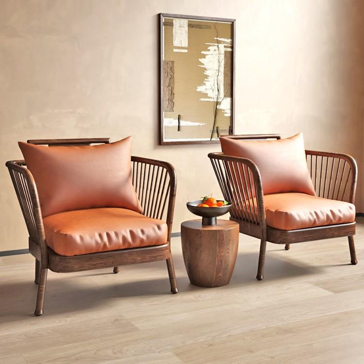 单人沙发椅白蜡木真皮休闲客厅卧室阳台家用民宿侘寂设计师休闲椅