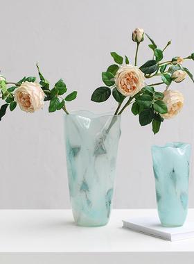现代简约蓝色敞口渐变磁粉玻璃花瓶电视柜餐桌鲜花百合中古风花瓶