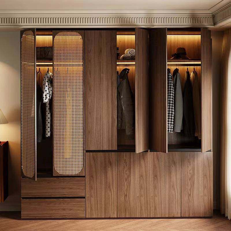 中古风实木衣柜家用卧室新款胡桃色成品柜子藤编复古多挂衣大衣橱