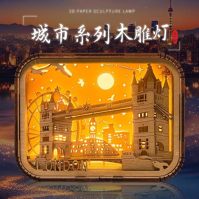 跨境创意文创工艺礼品国外城市旅游景区纪念品桌面摆件木雕小夜灯