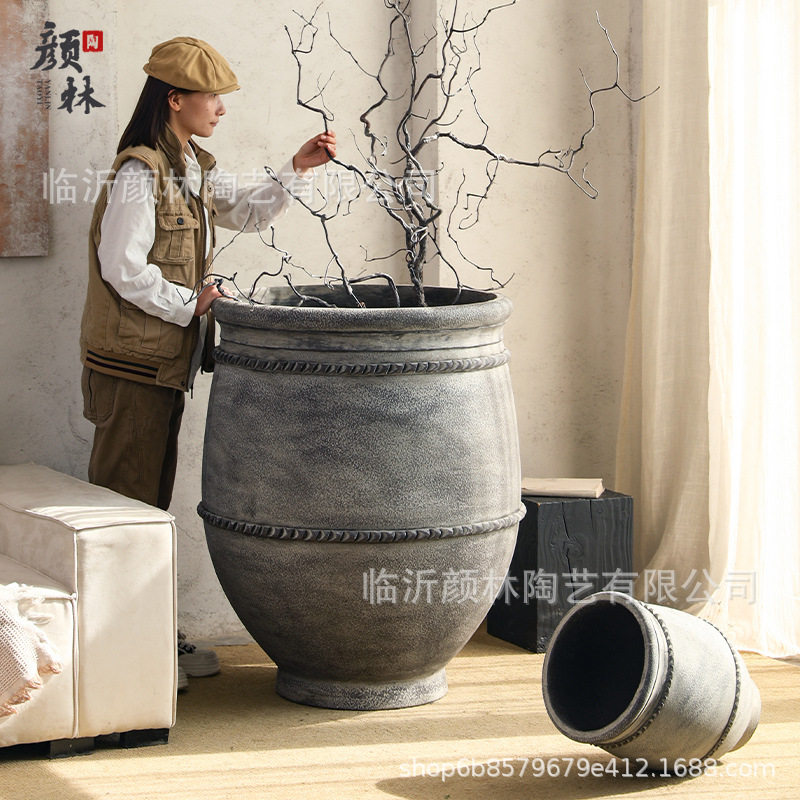 灰色系外贸水泥花盆复古景观花盆商场装饰大型花器落地大花盆艺术