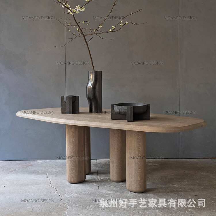侘寂风白蜡木异形圆桌子黑色实木餐桌中古风设计师实木复古书桌椅