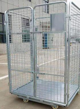 U型镀锌折叠物流手推车双门四面网格围栏金属底板U型折叠货架