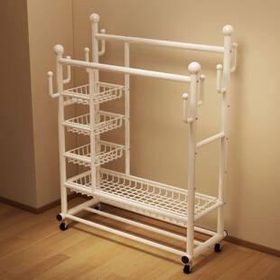 衣帽架家用卧室奶油风挂衣架落地立式加粗双杆晾衣架出租屋晒衣架