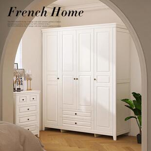 W7美式实木衣柜现代简约家用卧室白色大衣橱收纳三四五门储物柜加