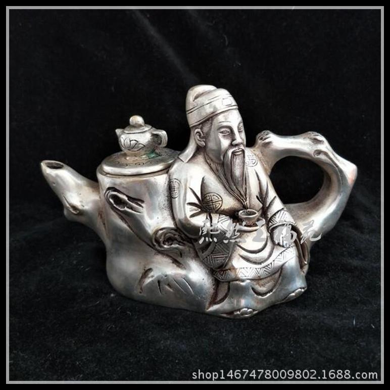 仿古铜壶摆件白铜镀银水壶茶壶酒壶树桩壶家居古玩铜器收藏