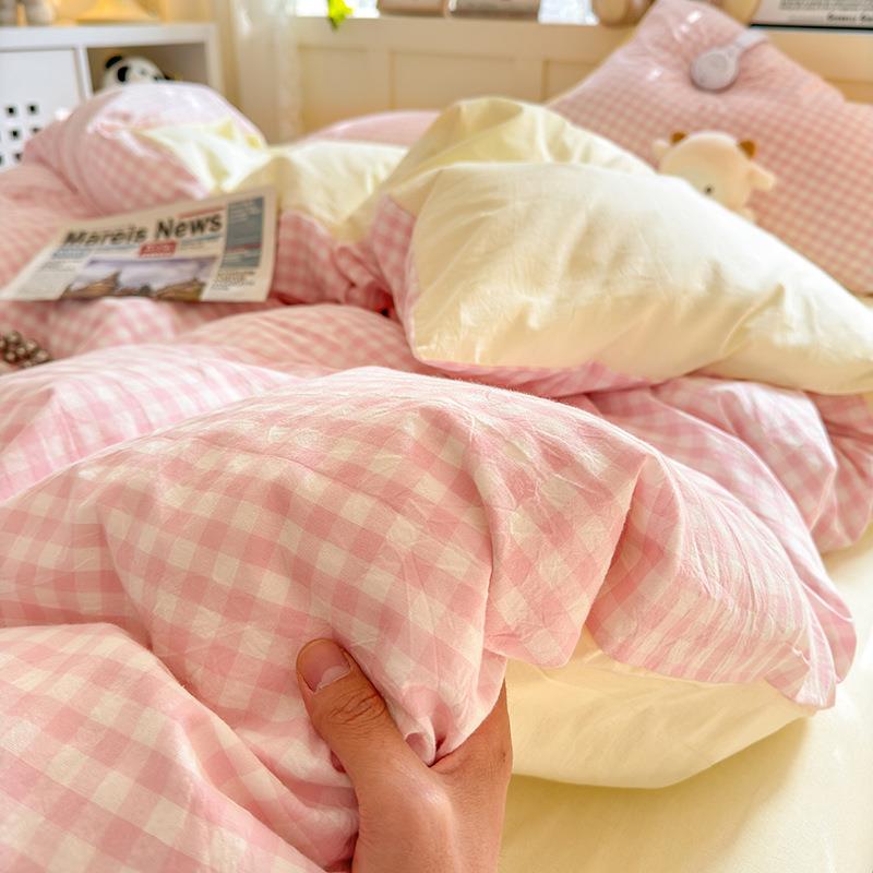 小格子磨毛水洗棉床上四件套床笠款床单三件套宿舍被套工厂