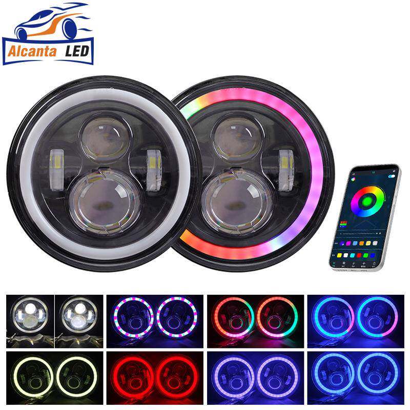 七寸牧马人哈雷大灯RGB铺路灯led远近光灯圆形骷髅头APP前照灯