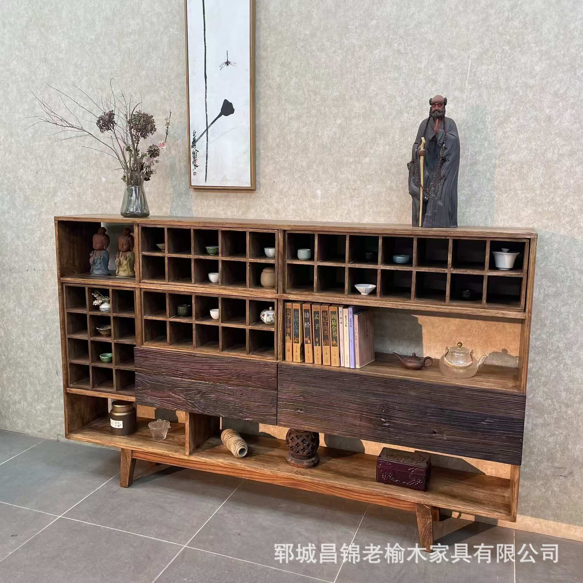 古风实木多格餐边柜茶室古玩陶瓷置物柜老榆木收纳柜多宝阁博古架