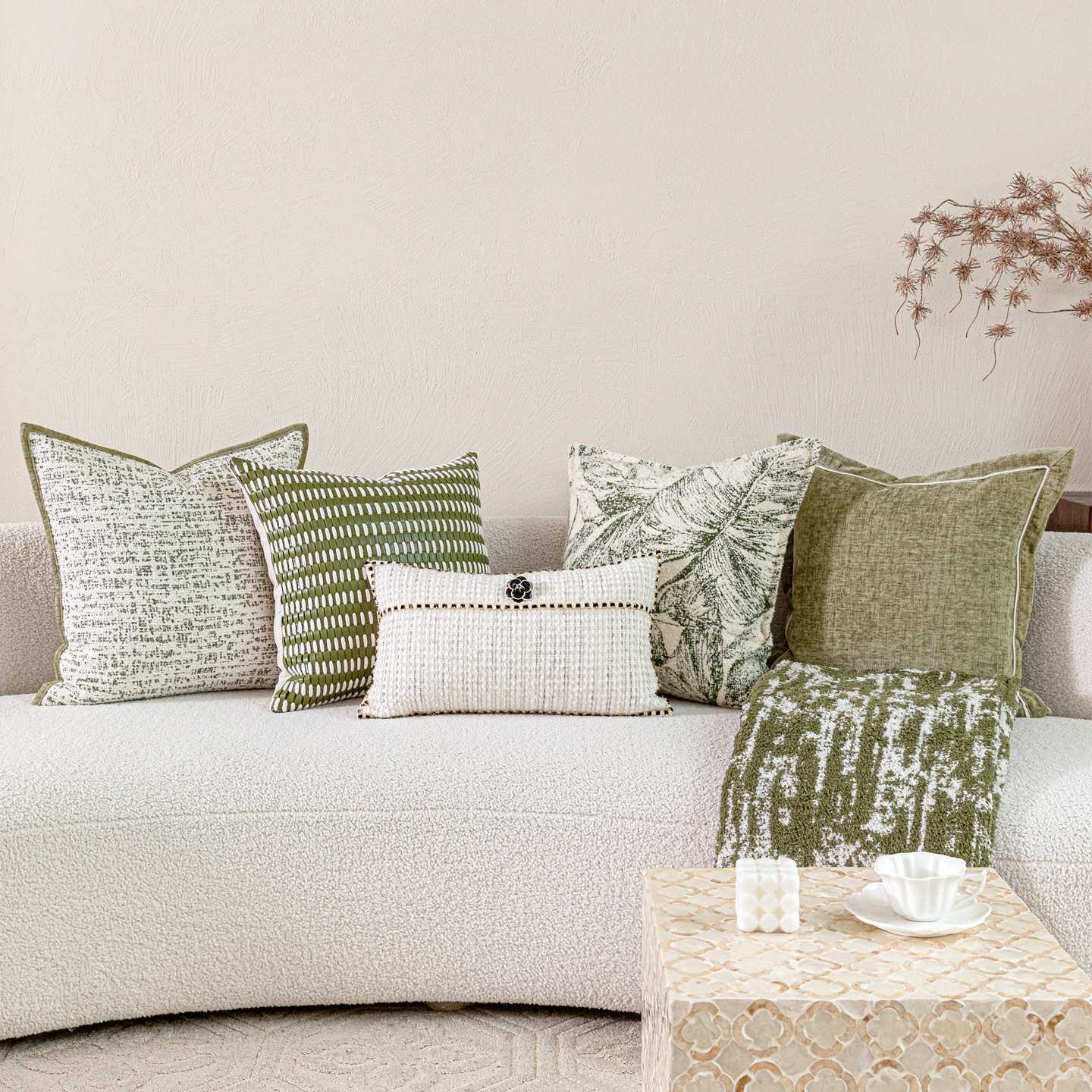 绿色系沙发抱枕组合法式优雅轻奢风沙发配饰高级感样板房软装陈列