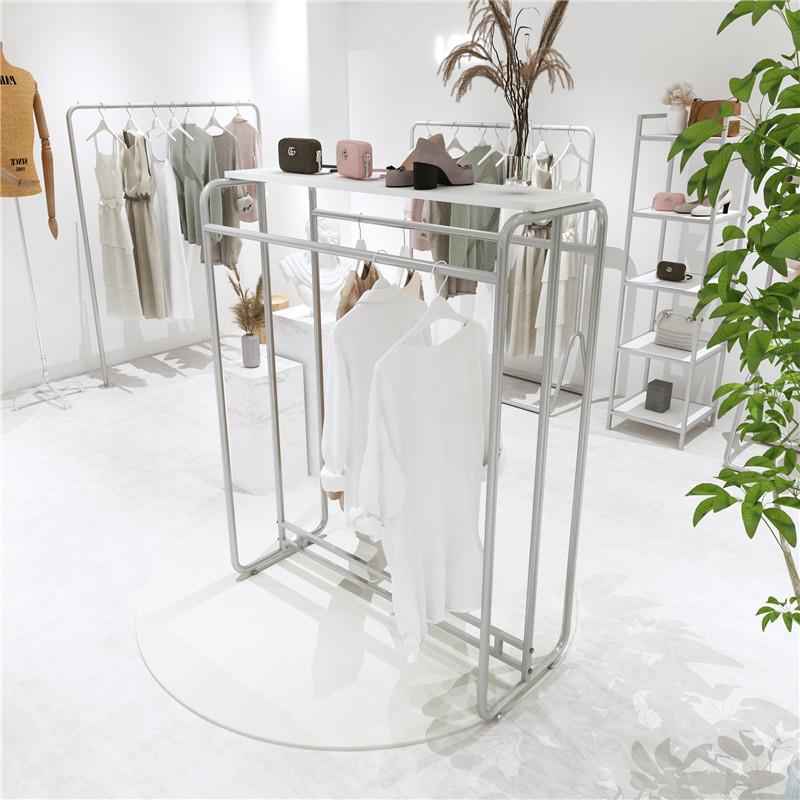 中岛架落地架简约服装店展示架中间货架双杠侧挂衣架陈列架银色