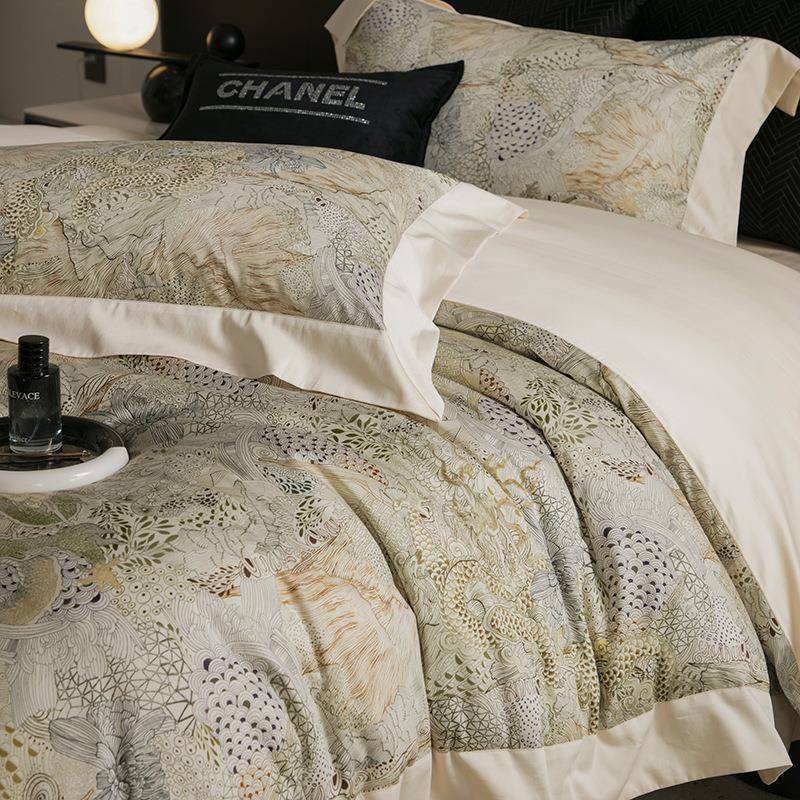 高端100支长绒棉贡缎四件套美式纯棉全棉数码印花被套1.8床上用品