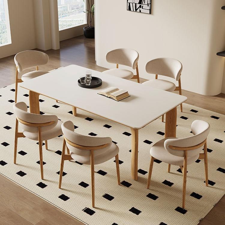 原木奶油风轻奢现代简约家用小户型岩板餐桌实木长方形网红餐桌椅