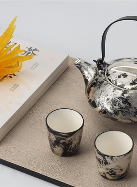 新中式现代轻奢样板房售楼彩银乱纹提梁壶仿琉璃树脂佛手装饰摆件