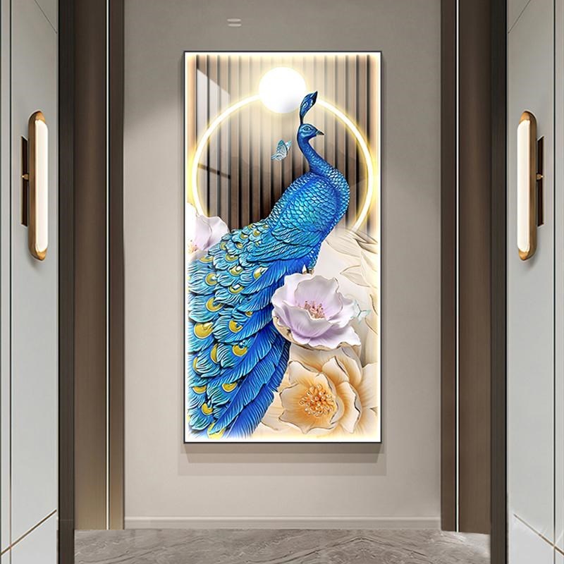 新款孔雀玄关装饰画入户走廊竖版挂画正对门寓意好壁画楼梯过道画图片