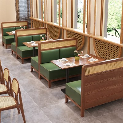 编藤实木卡座沙发东南亚主题茶西餐厅饭店料理餐饮咖啡厅桌椅组合