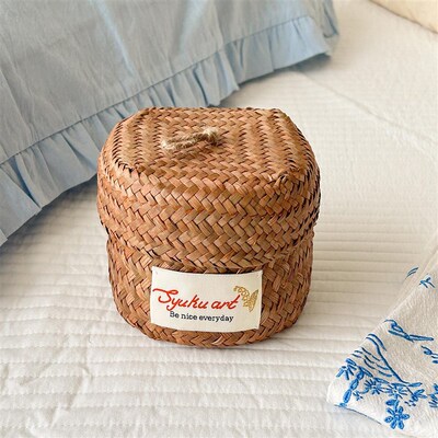 Syuku art法式复古桌面收纳篮 天然草编织篮含盖护手霜发绳收纳盒