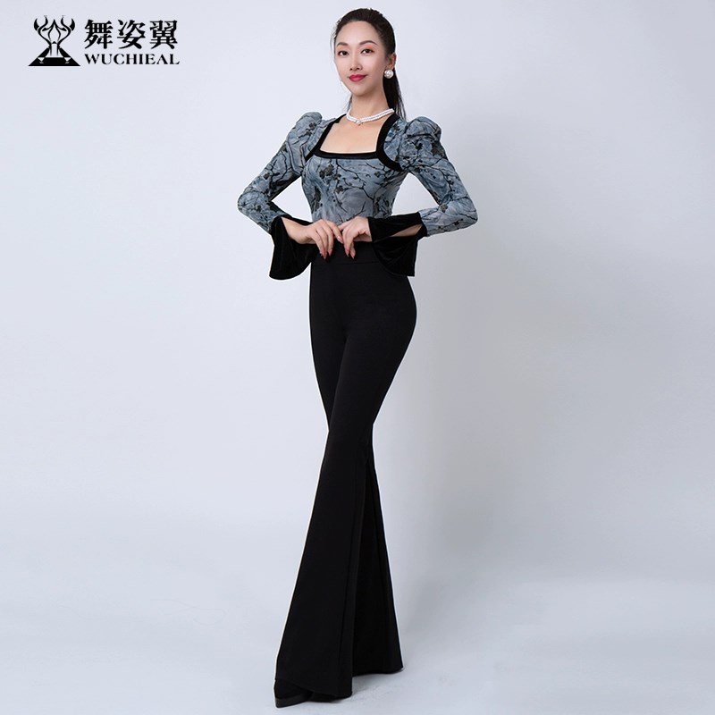 女春新款长袖方领连裆形体服上衣高腰喇叭礼仪裤子现代舞蹈训练服