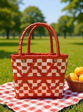 红色彩色手工编织包新款韩版手拎包小长方手提包买菜篮子编织包