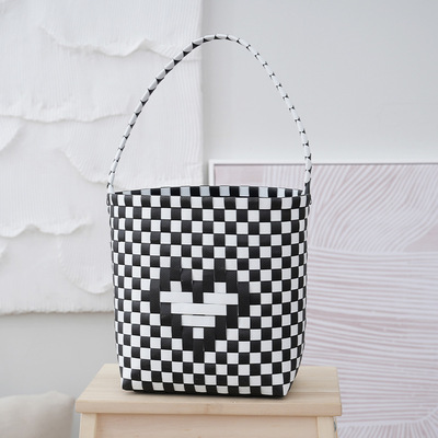 时尚黑白格纹撞色手工编织菜篮子