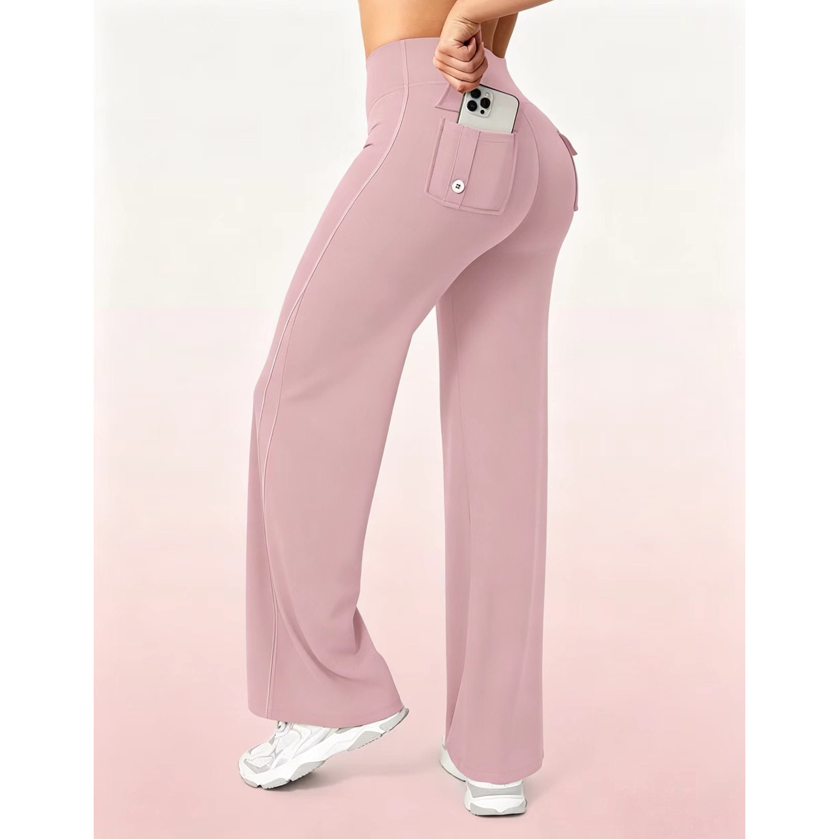 休闲高腰瑜伽长裤粉色宽松直筒运动裤氨纶口袋设计