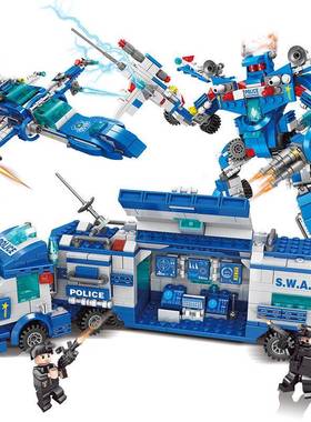 LL8663城市特警变形机甲小颗粒拼装积木8合1机器人飞机模型