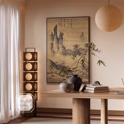 高档新中式宋代美学竖版风景山水挂画茶室书房背景墙客厅禅意挂画