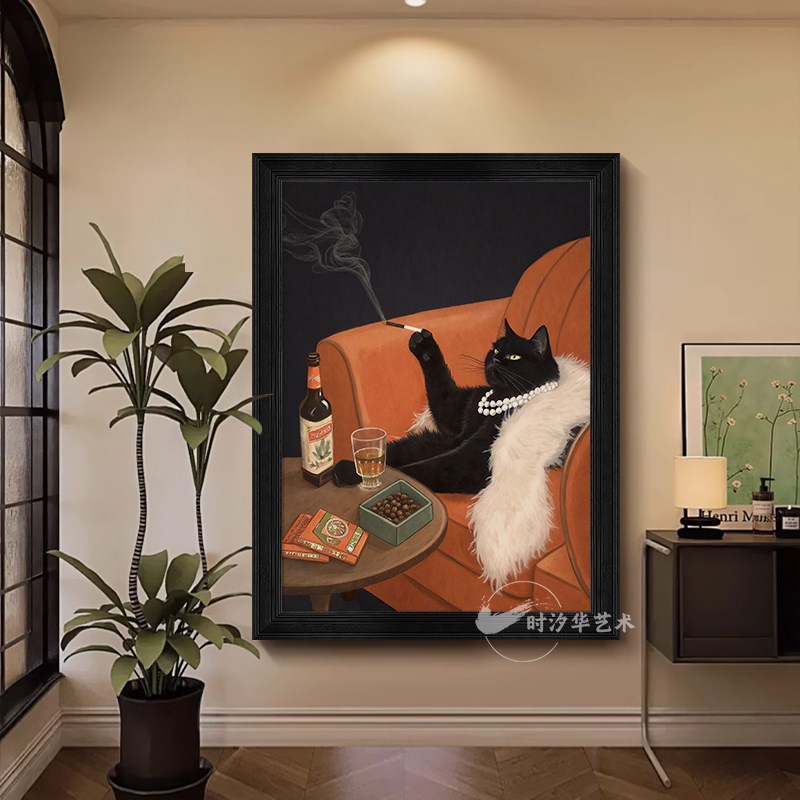 法式复古玄关装饰画可爱黑色猫咪手绘油画中古风客厅小众艺术挂画图片