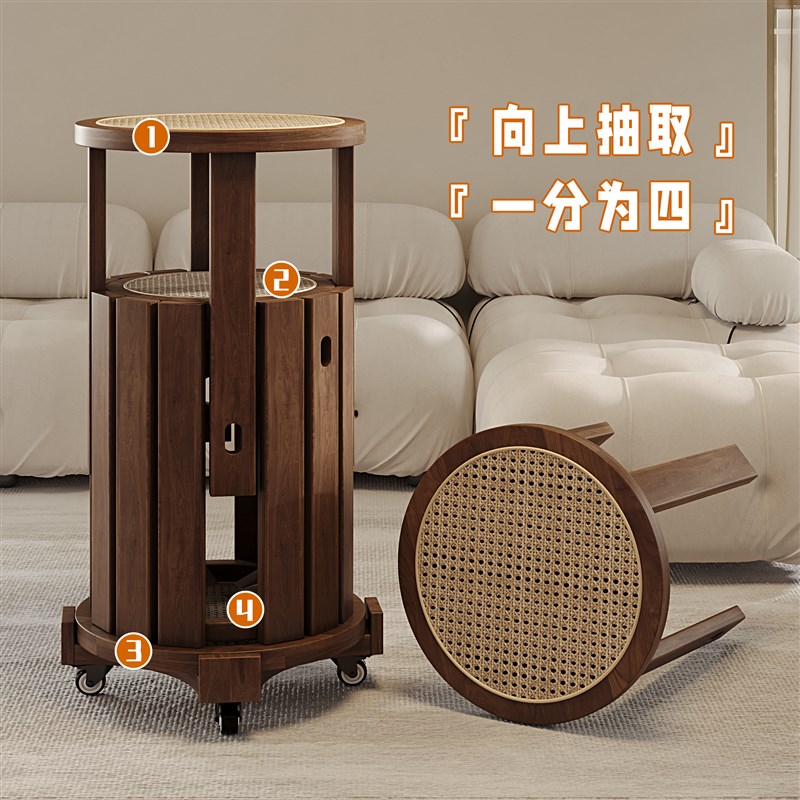 实木凳子可叠放家用圆凳叠叠乐备用餐桌板凳中古风藤编创意组合凳