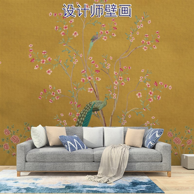 中式复古孔雀花鸟墙纸酒店卧室床背装饰墙布沙发背景定制壁画壁布图片
