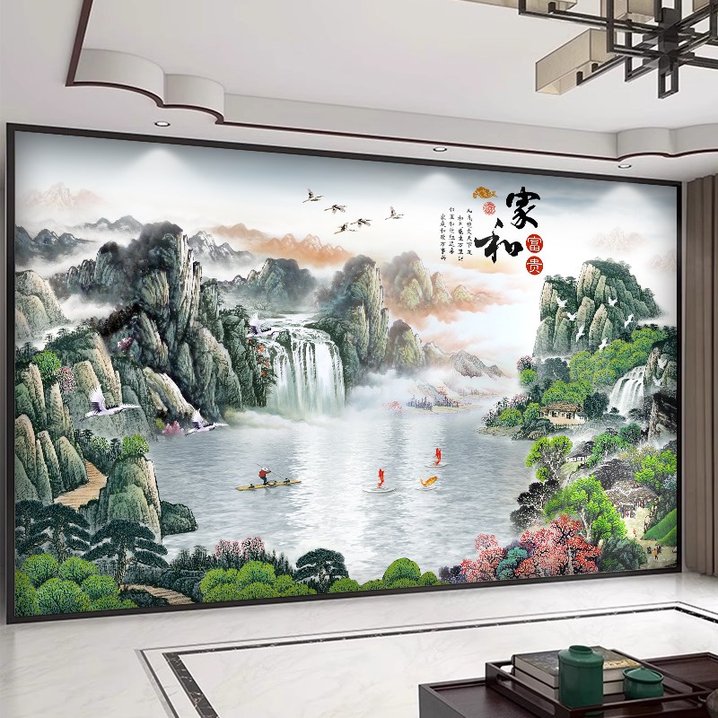 新中式电视背景墙壁纸3d立体浮雕客厅墙纸8d山水画影视墙布壁画