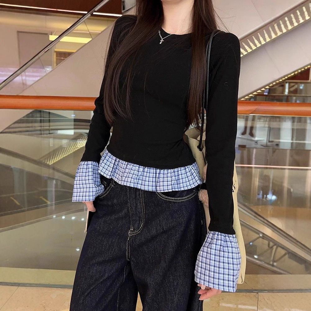 韩版时尚假两件格子拼接德绒保暖长袖T恤女修身显瘦打底上衣女T