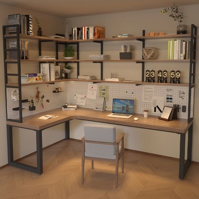 简约实木转角书桌书架组合靠墙L型电脑桌拐角书桌书架一体桌书柜