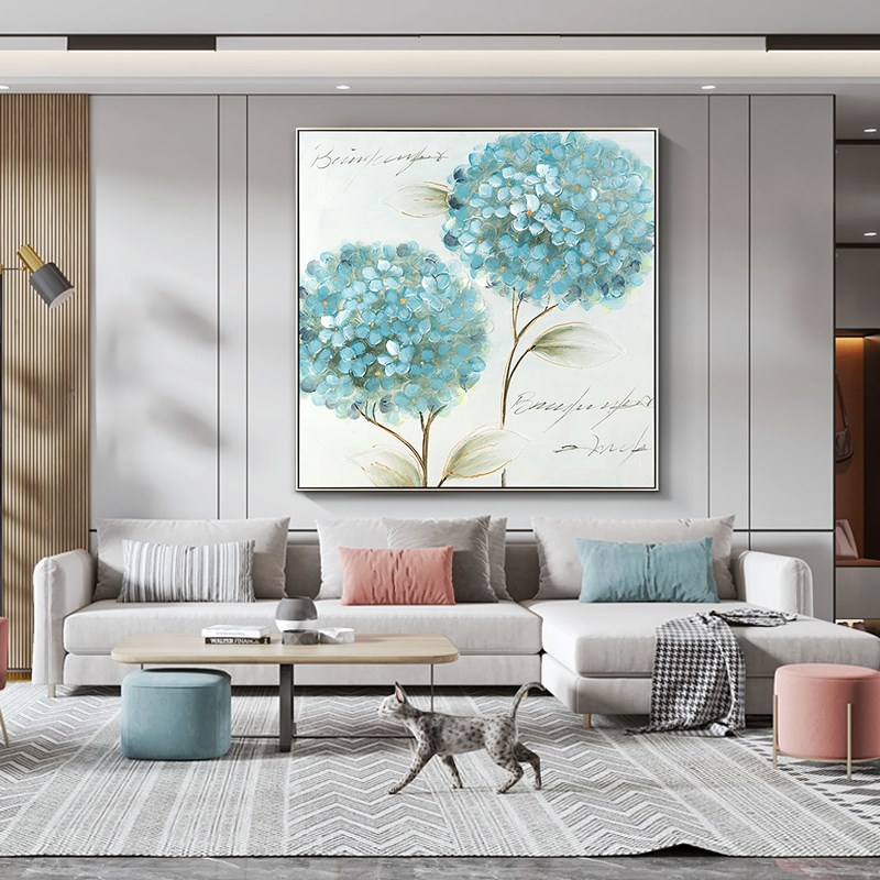 手绘油画玄关挂画2022新款餐厅装饰画高档客厅背景画蓝色轻奢壁画图片
