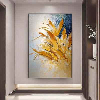 羽叶金辉高级感纯手绘油画大芬村玄关挂画肌理画客厅背景墙装饰画