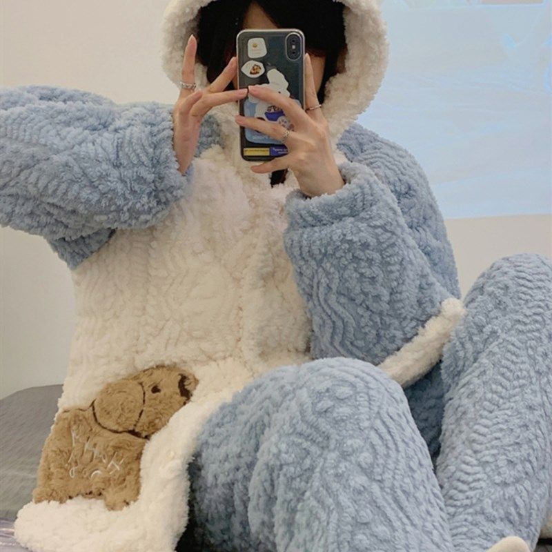 秋冬季天三层夹棉衣月子服加绒加厚家居服孕妇套装哺乳睡衣产后