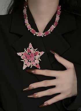 中古系列电镀雾金粉色渐变玫瑰花项链胸针项链