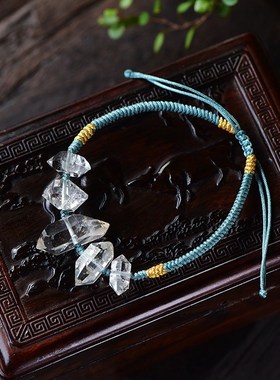 天然水晶闪灵钻编绳手链双尖原石水晶手串白赫尔基蒙男女饰品礼物