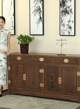 鸡翅木客厅实木餐边柜茶水柜储物柜地柜素面雕花仿古中式红木家具